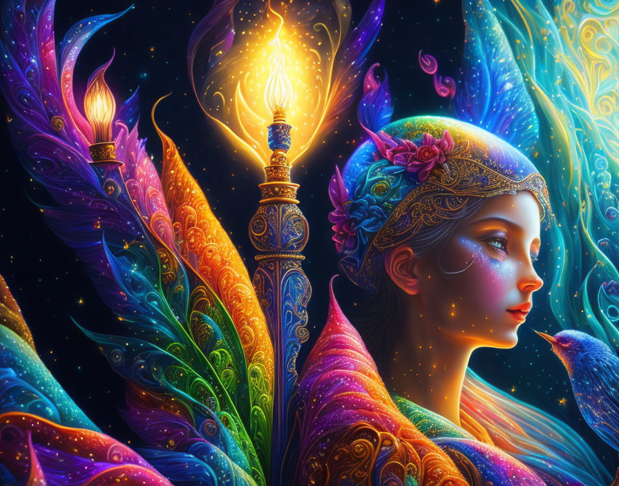 Fantasy woman with butterfly wings and glowing lantern in ornate headdress