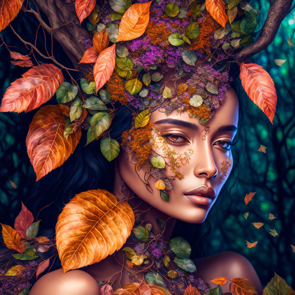 Woman with Autumn Leaf Headdress: Mystical Nature-Inspired Portrait