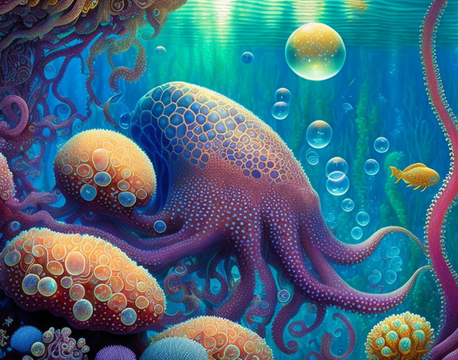 Intricate octopus with fish in fantasy underwater scene