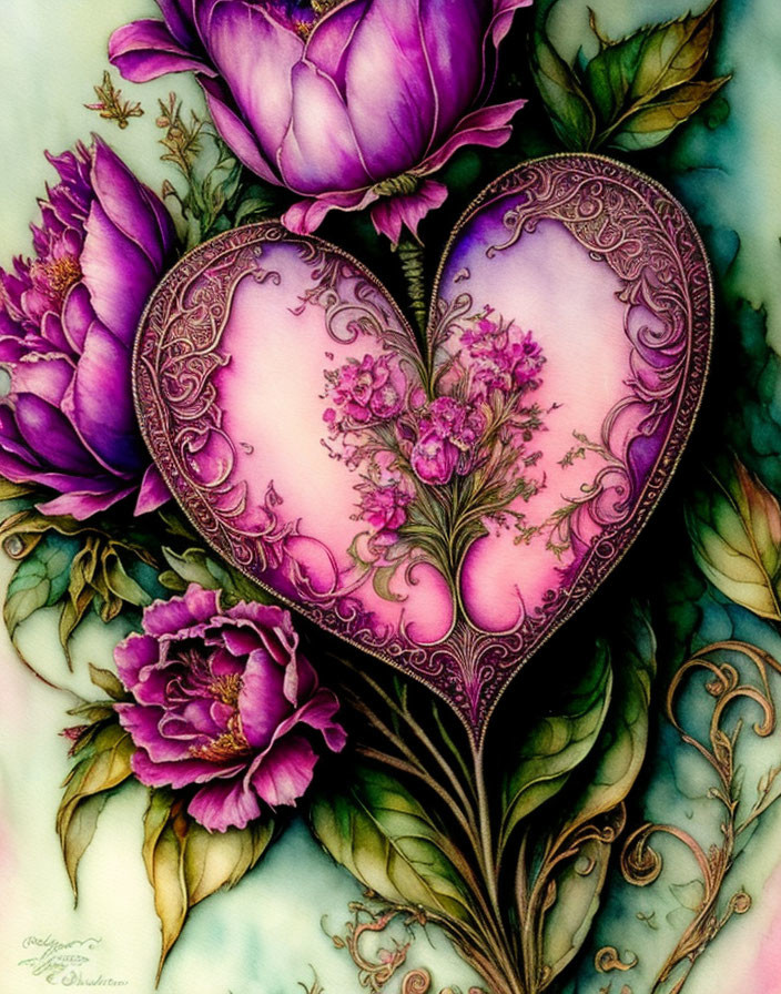 Colorful Heart Surrounded by Purple Flowers and Leaves