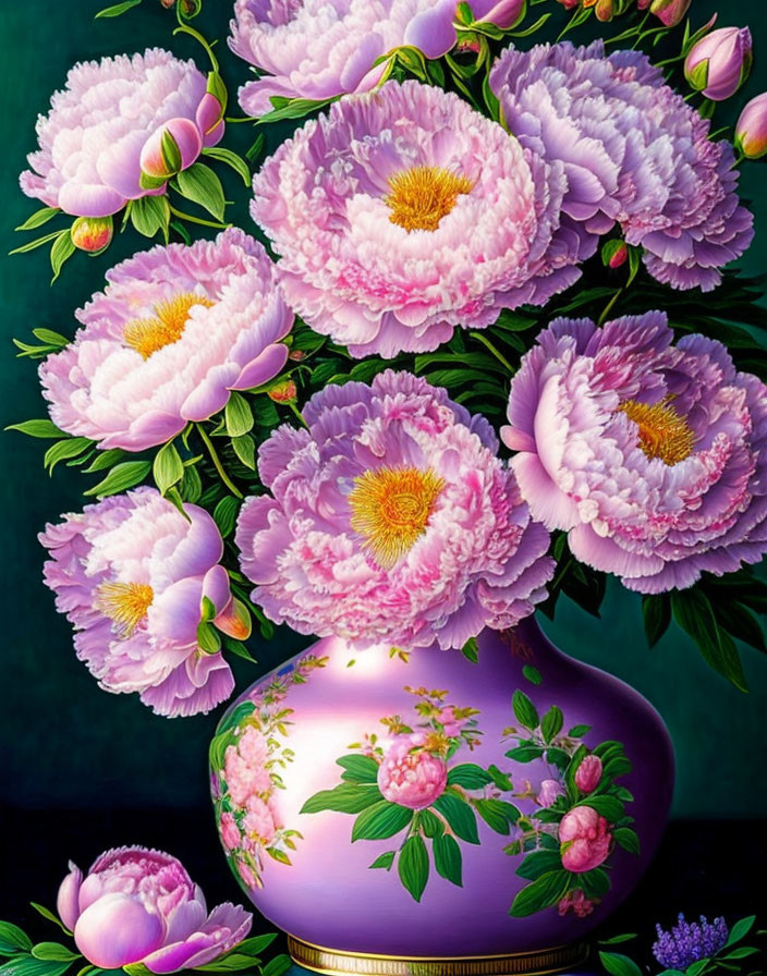 Colorful painting of pink peonies in purple vase on dark background