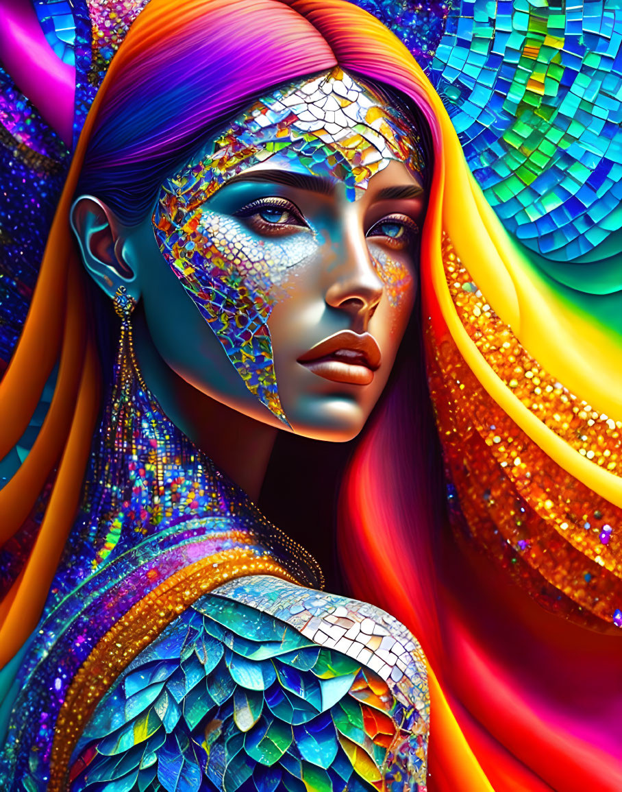 Colorful digital portrait of woman with mosaic headpiece and iridescent scale details