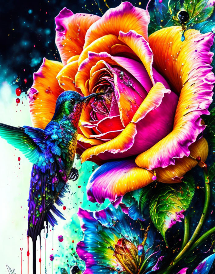 Colorful Digital Artwork: Hummingbird and Rose in Cosmic Setting