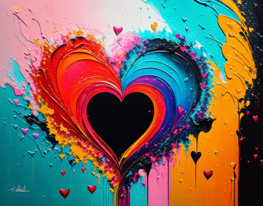 Colorful Abstract Heart Painting on Black Background