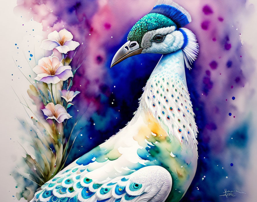 Colorful Peacock Artwork with Blue and White Palette and Floral Motifs