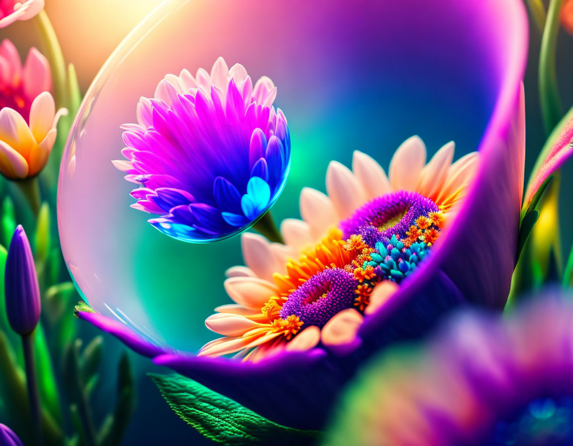 Colorful Flowers Reflected in Soap Bubble: Bright, Detailed Close-Up