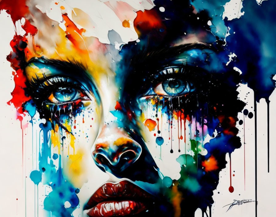 Colorful Abstract Portrait: Intense Eyes, Vivid Watercolor Splashes