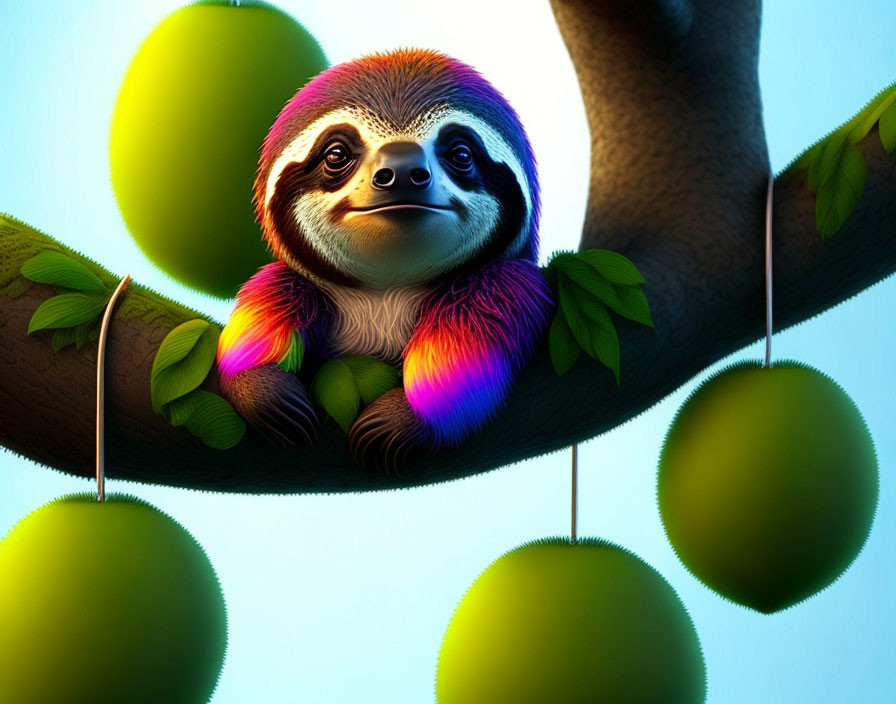 Vibrant digital artwork of a smiling sloth hanging from a tree branch