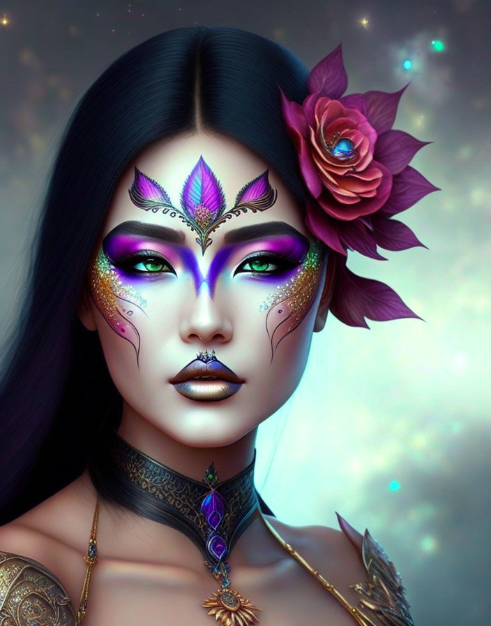 Ethereal woman with purple and gold makeup and floral hair accessory in mystical setting