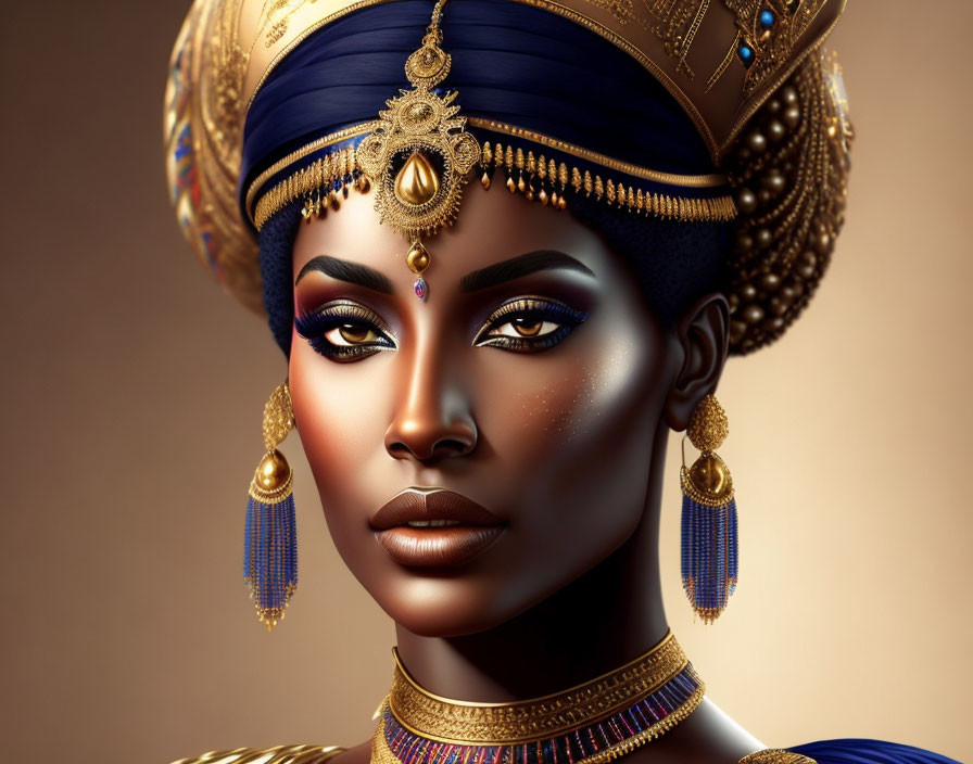 Regal digital portrait of a woman with golden and blue headgear, elaborate jewelry, and striking makeup