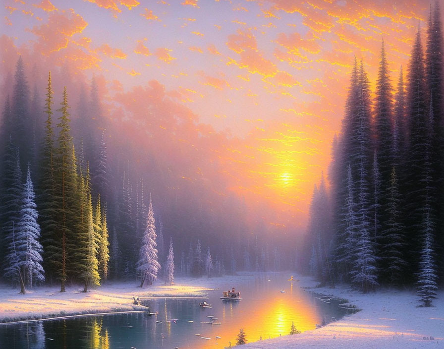 Snow-covered trees by river at sunrise with small boat