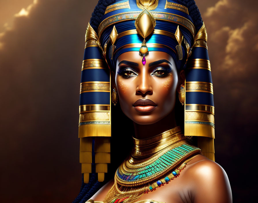 Stylized woman with Cleopatra-inspired makeup and Egyptian jewelry on golden backdrop