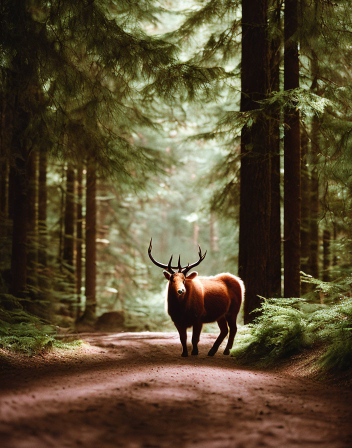 Majestic elk in forest setting with tall evergreen trees