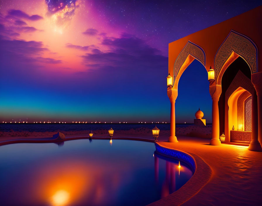 Arabesque Archway Overlooking Serene Pool with Floating Lanterns