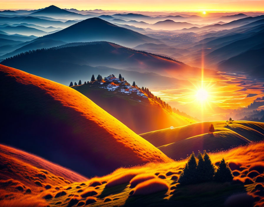 Scenic sunrise over rolling hills with village and textured landscape