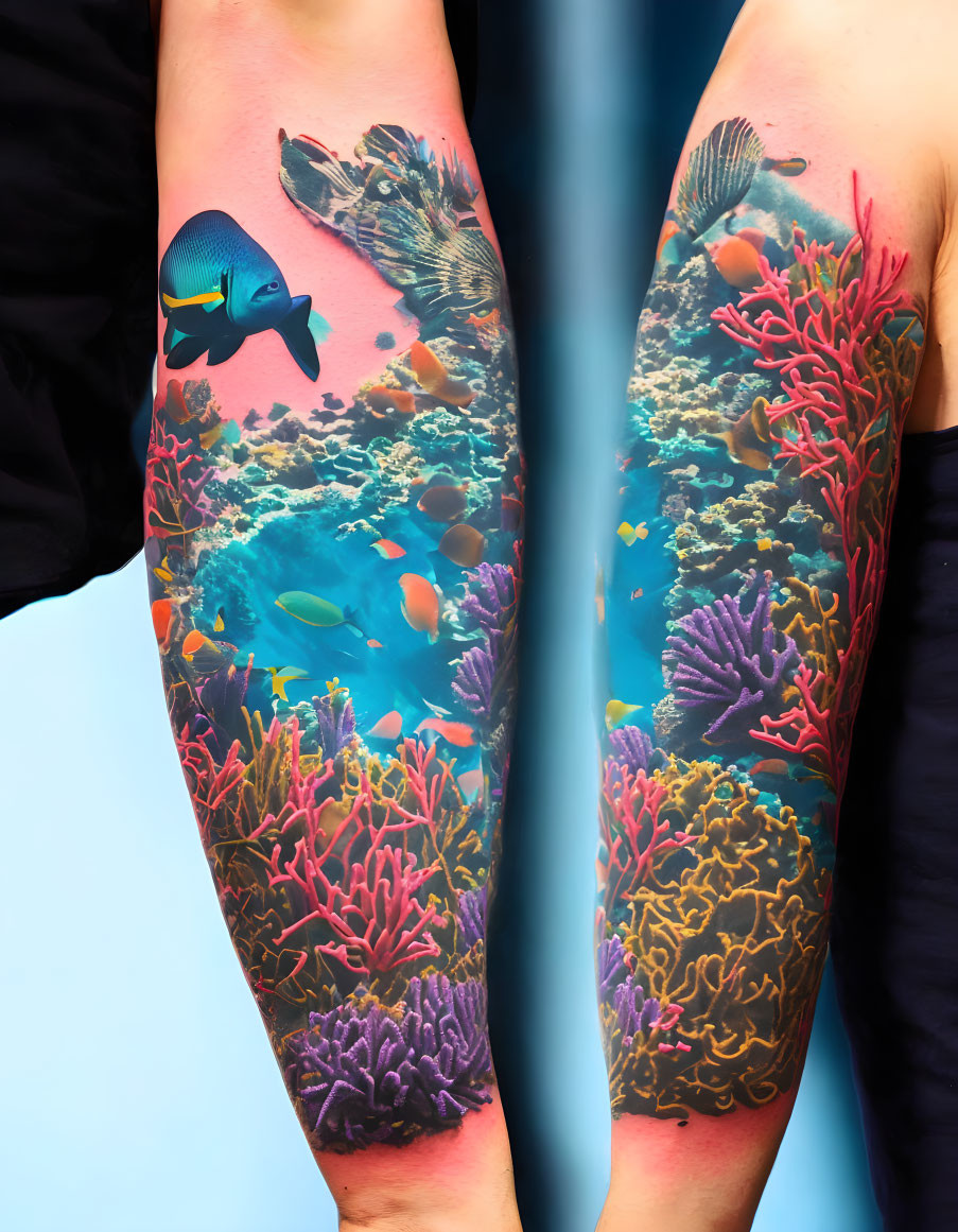 Vibrant ocean-themed forearm tattoos with colorful coral reefs and fish