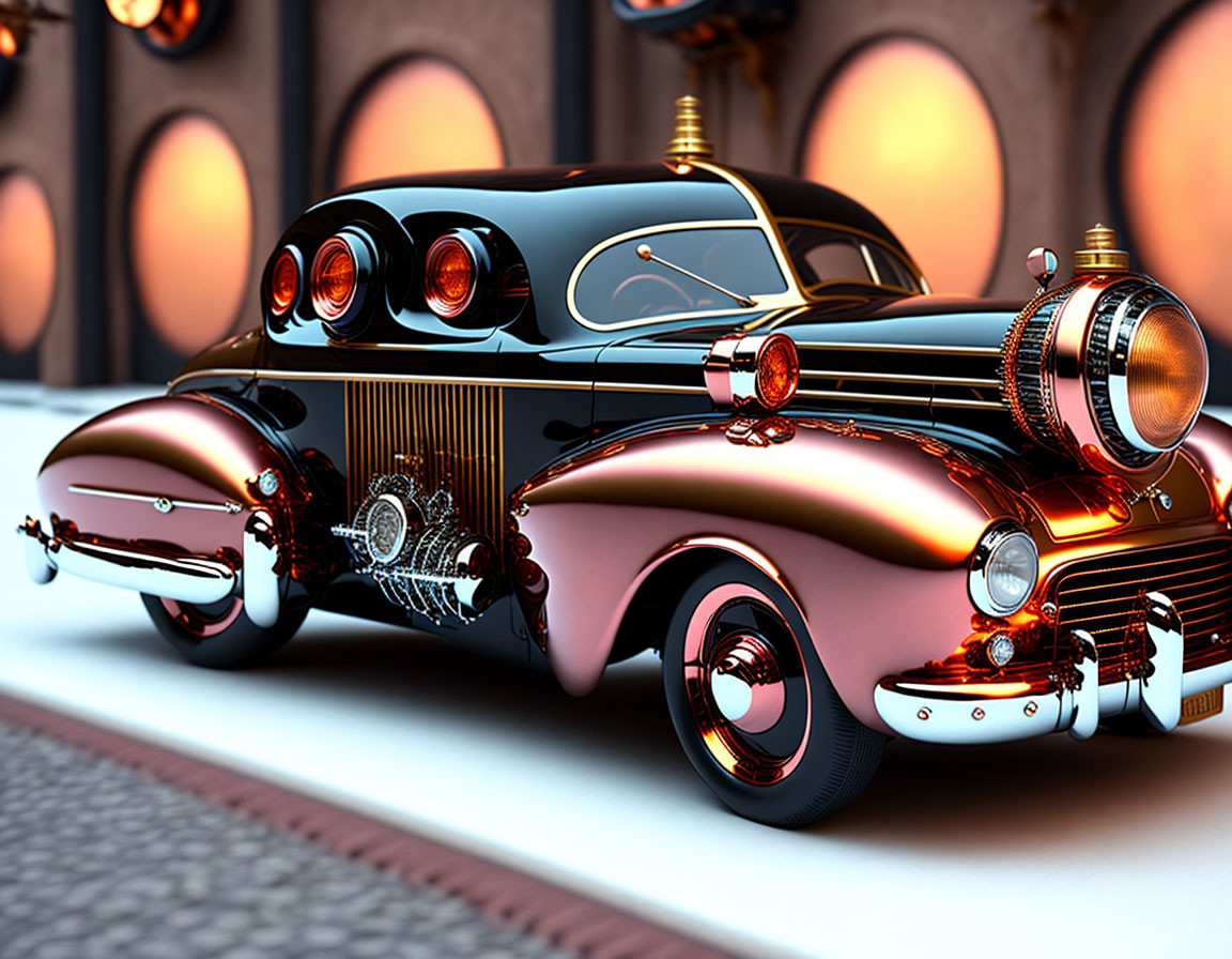 Retro-futuristic glossy vehicle with oversized wheels and stylized headlights