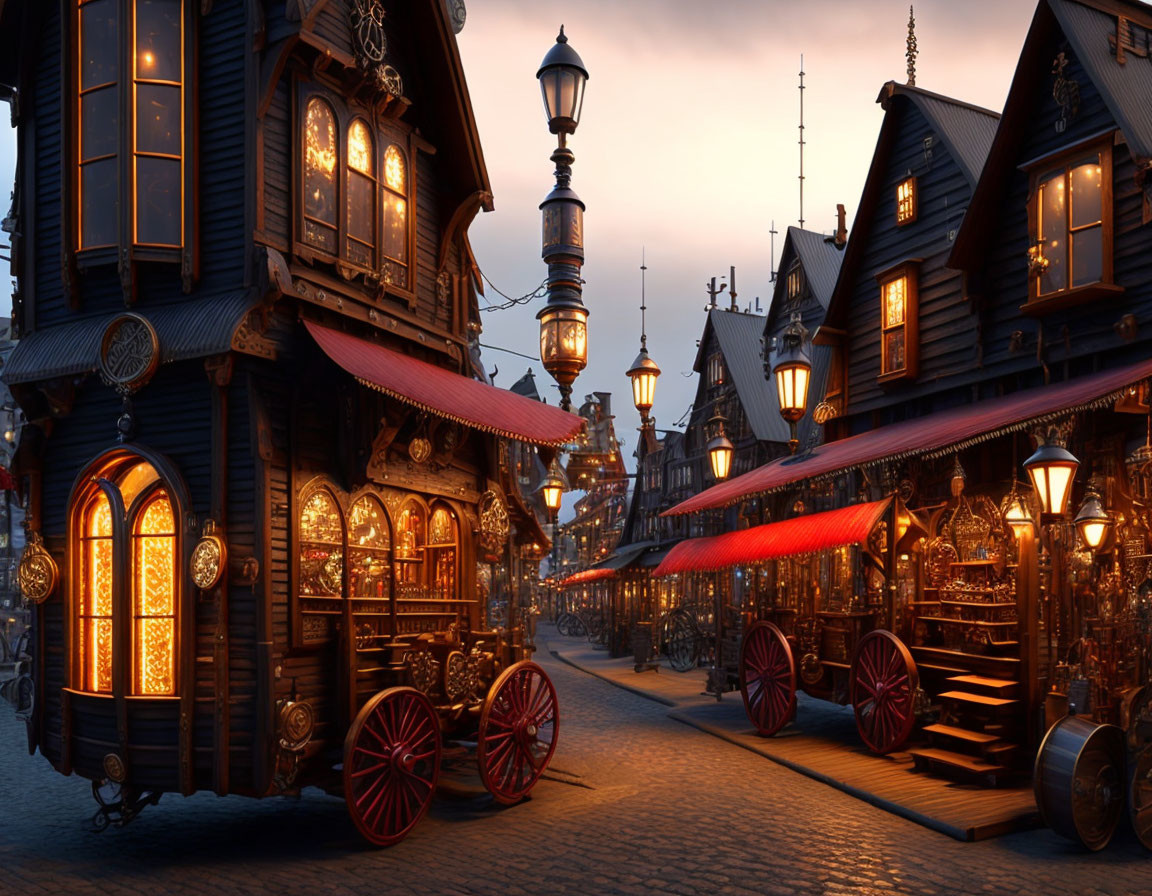 Charming twilight scene of cobbled street with ornate wooden buildings