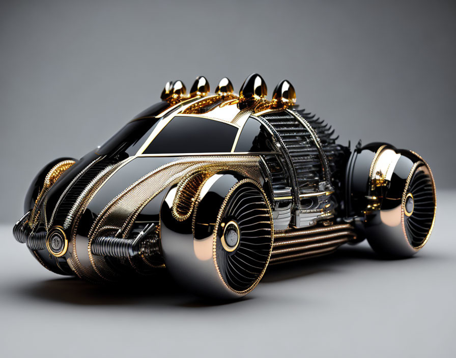 Futuristic art deco-style car with black and gold detailing