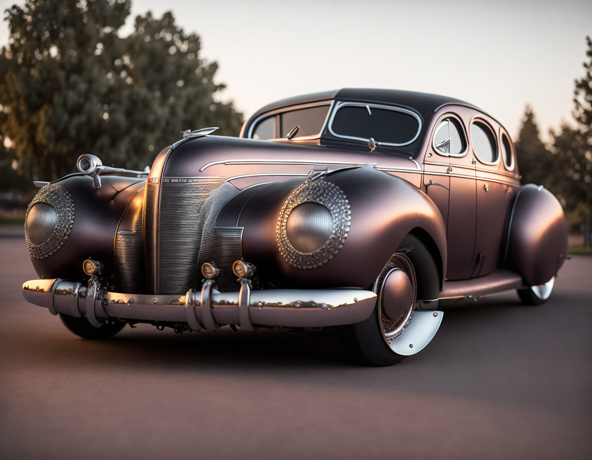 Vintage luxury classic car with sleek body, chrome details, and whitewall tires parked outdoors at dusk