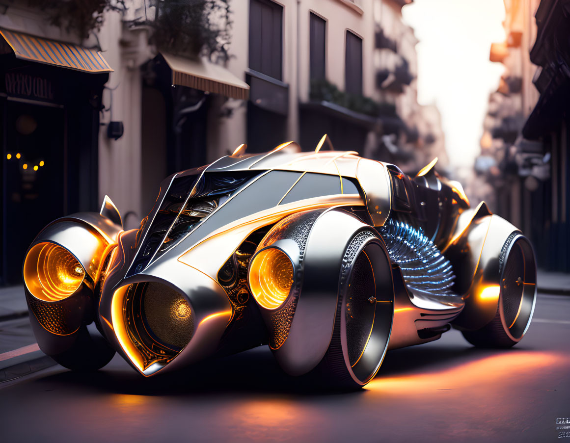 Sleek Black and Silver Car with Glowing Orange Accents on City Street