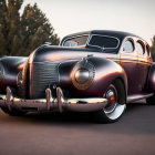 Vintage luxury classic car with sleek body, chrome details, and whitewall tires parked outdoors at dusk