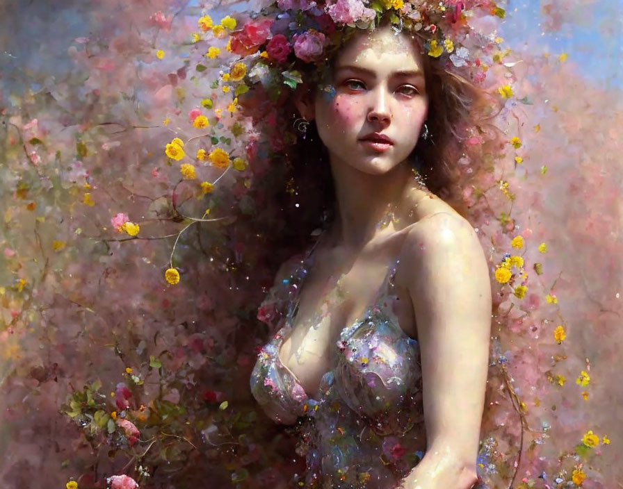 Young woman with floral crown in dreamy, vibrant scene