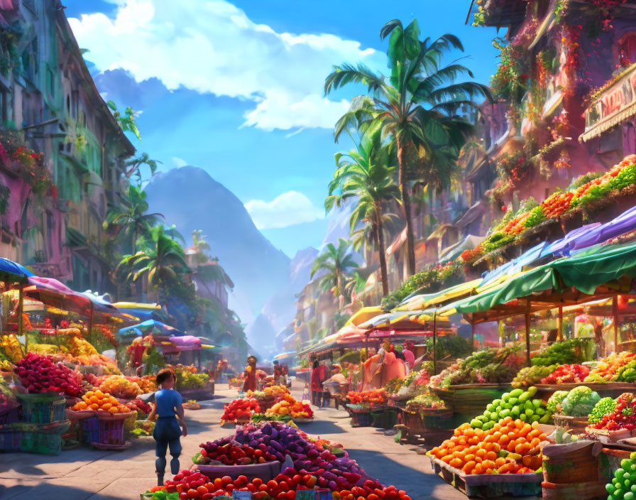 Vibrant Market Street Scene with Colorful Produce and Busy Vendors