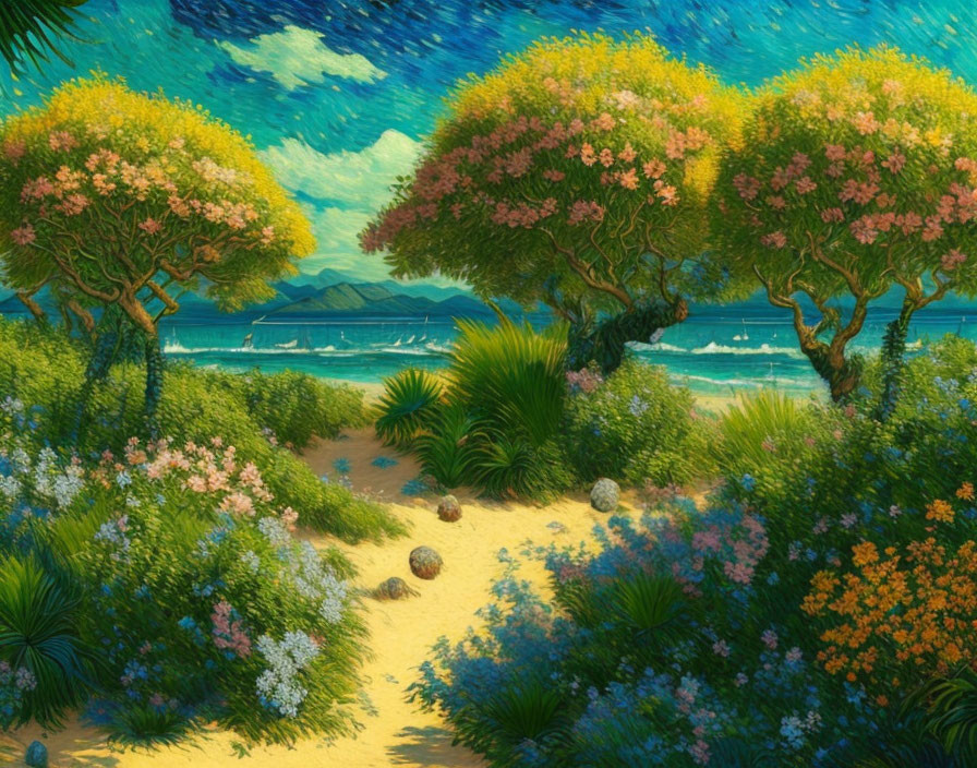 Impressionistic landscape with flower-lined path to beach and sailboats