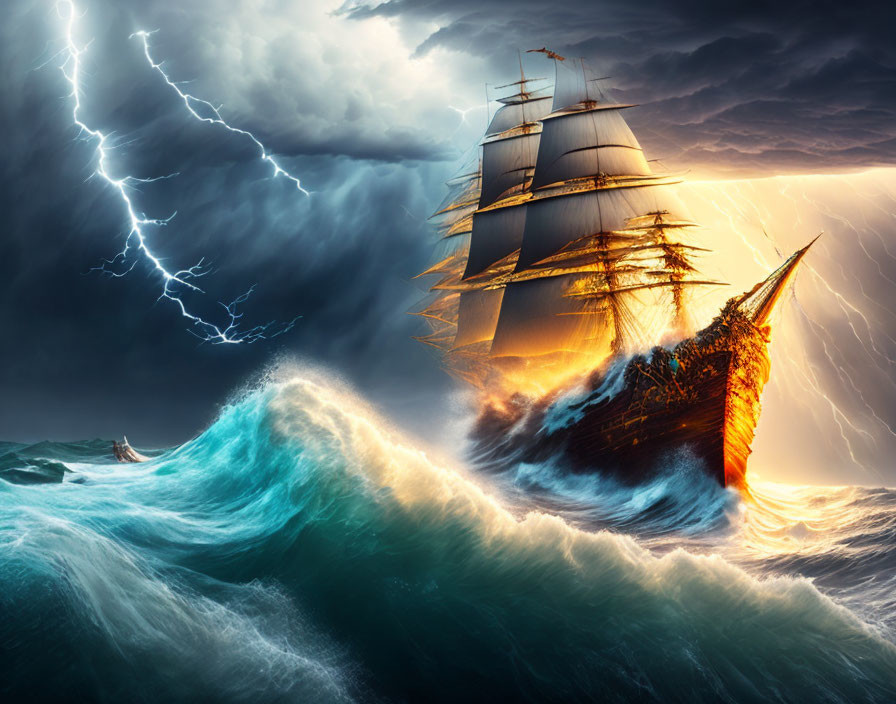 Tall ship with illuminated sails navigating stormy seas