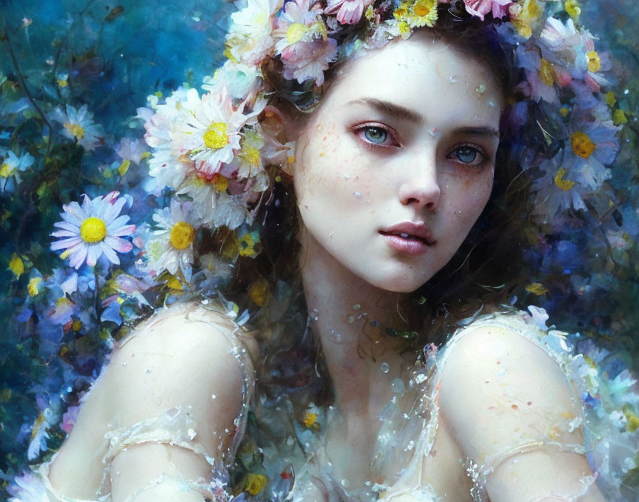 Young woman with floral crown in serene gaze amidst blossoms.