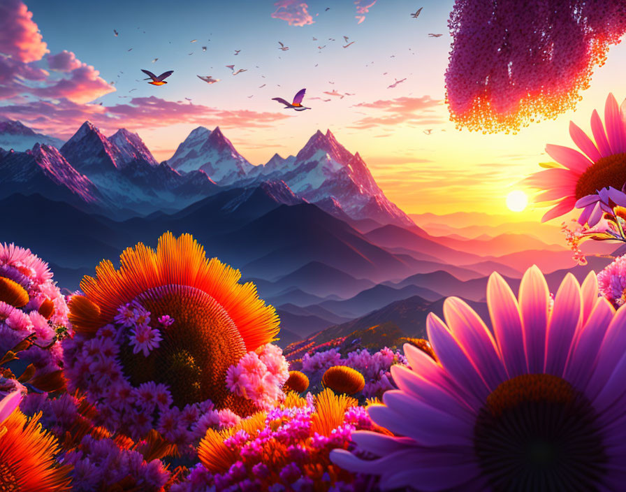 Colorful sunset landscape with snow-capped mountains, flowers, birds, and whimsical tree