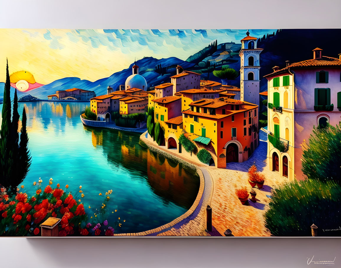 Colorful Coastal Italian Village Sunset Painting with Buildings, Water, Flowers, and Cypress Path