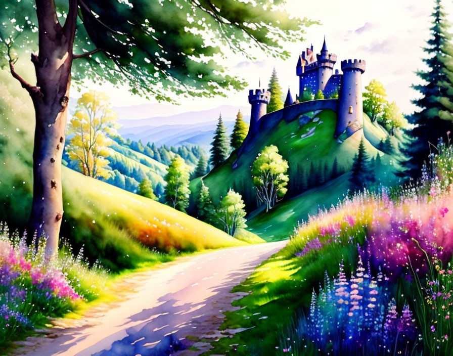 Whimsical castle on green hill with colorful flowers