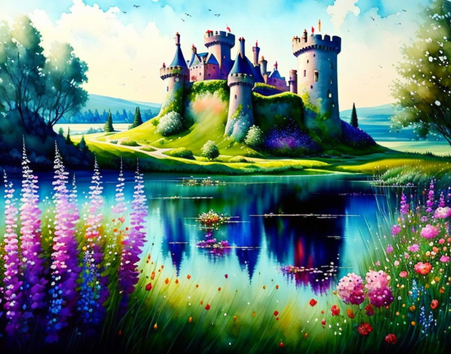 Majestic castle in vibrant fantasy landscape with serene lake