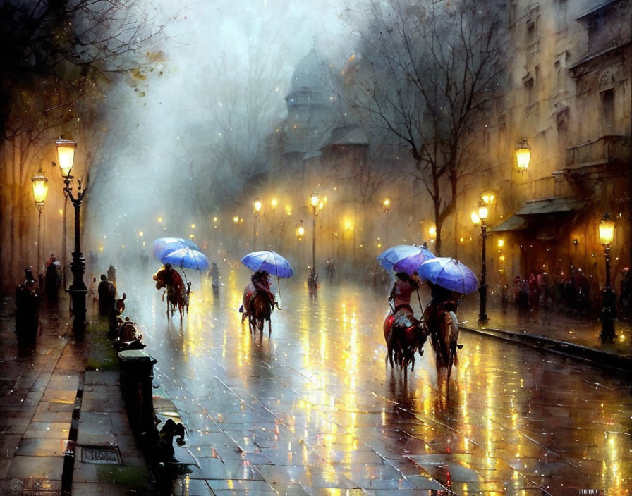 Rainy City Scene: People with Blue Umbrellas on Wet Street