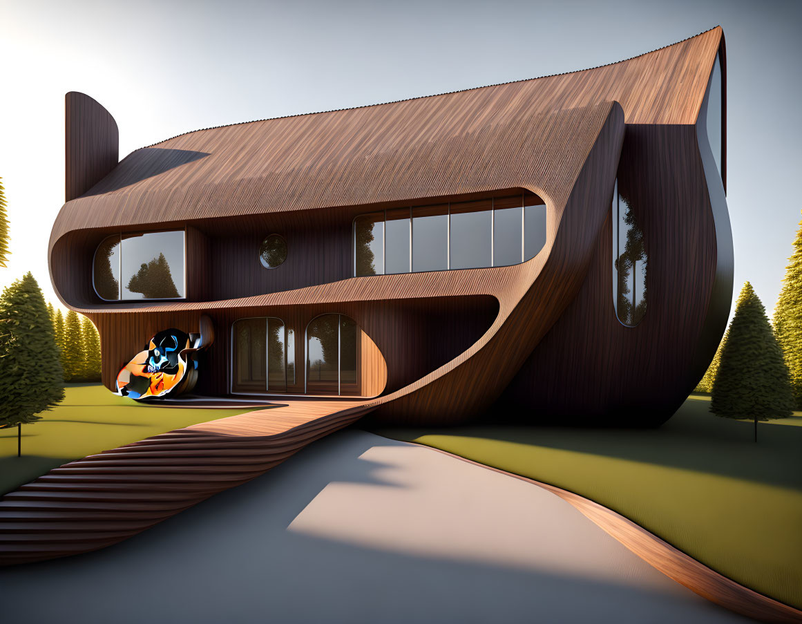 Contemporary wooden house with unique design, surrounded by trees, featuring cartoon character in window