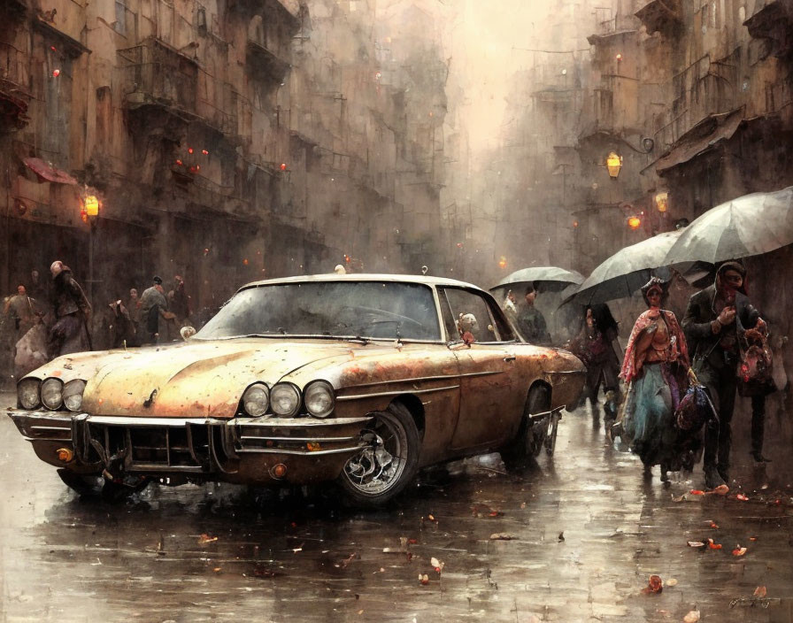 Rainy urban scene with people and rusty car on wet cobblestone streets