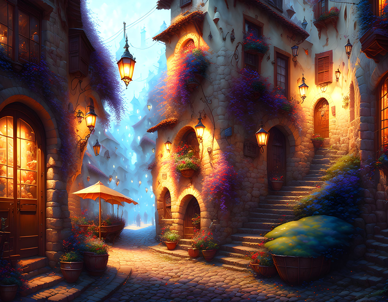 Picturesque cobblestone street with colorful flowers, ivy walls, lanterns, and twilight ambiance