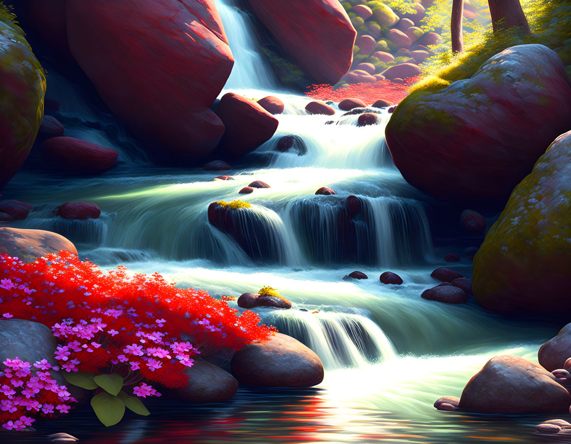 Digital Art: Cascading Stream with Waterfalls and Lush Foliage