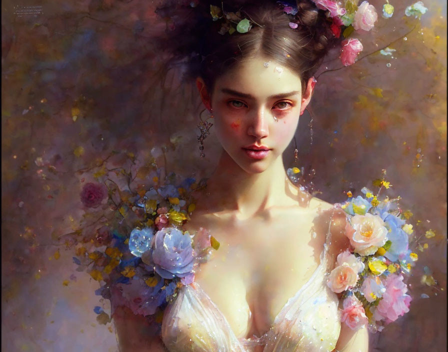 Digital painting of young woman with floral headpiece in blooming flower setting