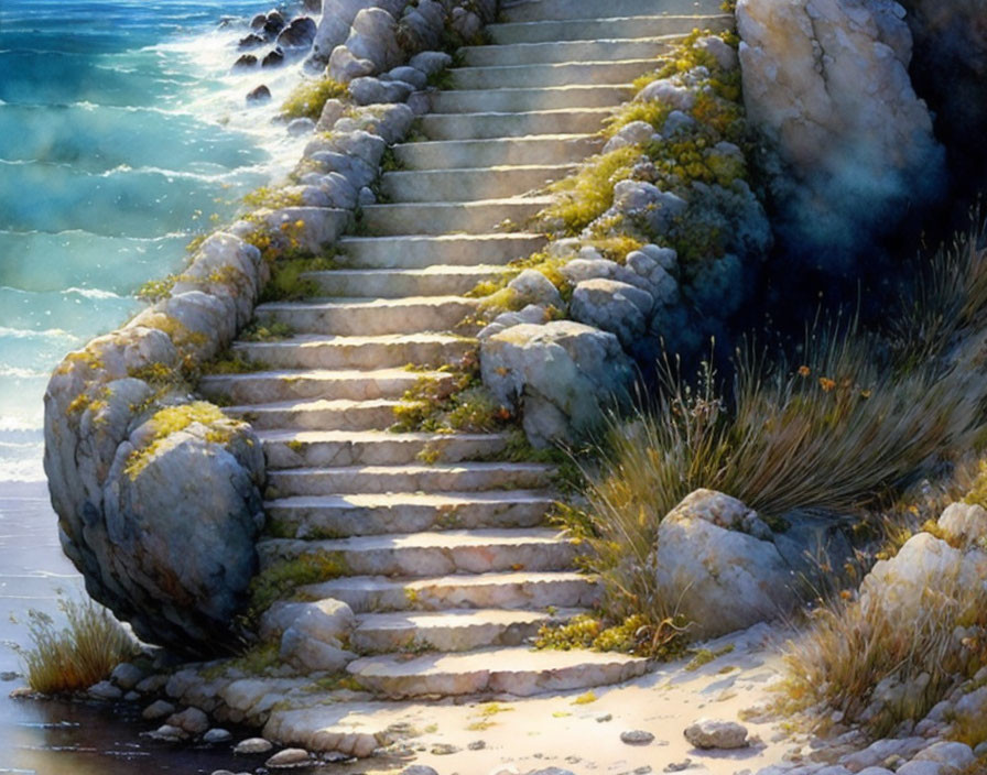 Sunlit moss-covered stone staircase by serene blue sea