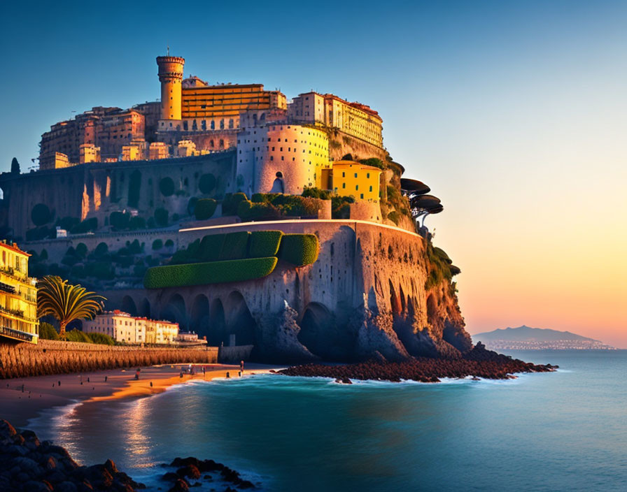 Clifftop castle overlooking palm tree-lined beach at sunset