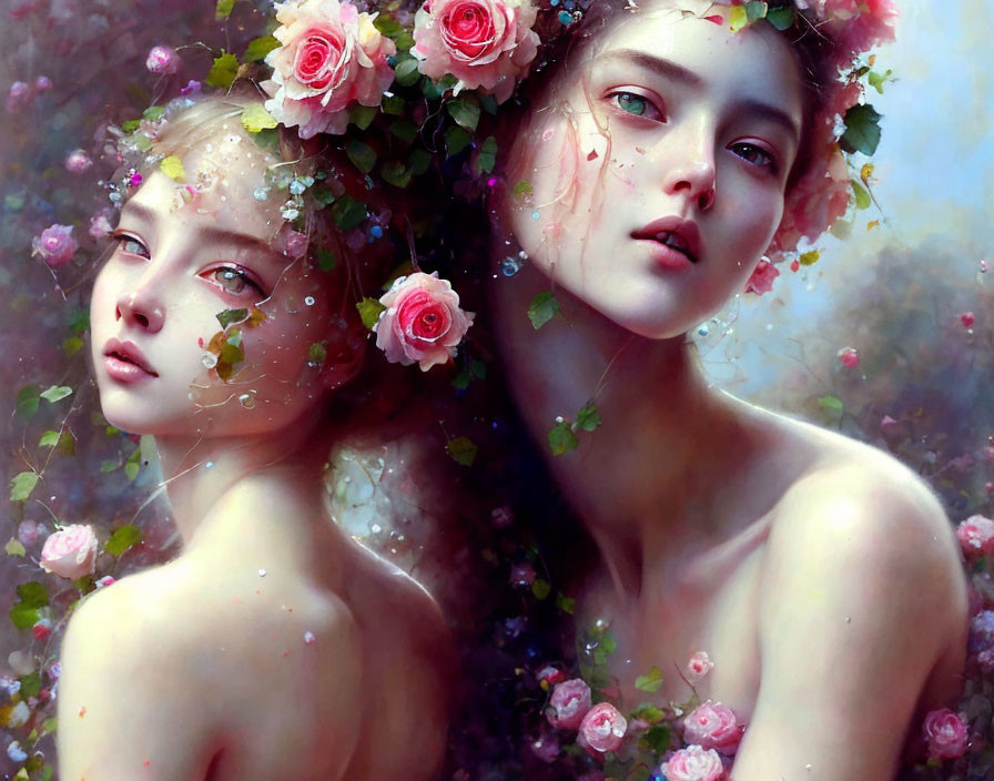 Ethereal figures with rose-adorned hair in dreamy floral scene