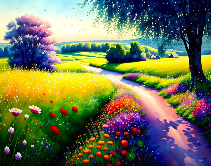 Colorful painting of whimsical rural landscape with flower fields, rainbow trees, and starry sky.