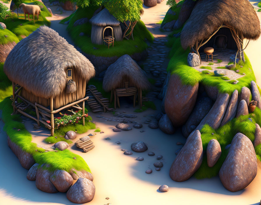 Rural village scene with thatched-roof huts, stone paths, green hills, and grazing