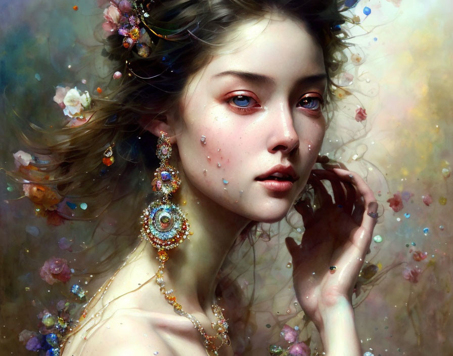 Portrait of woman with red eyes and delicate jewelry among ethereal flowers