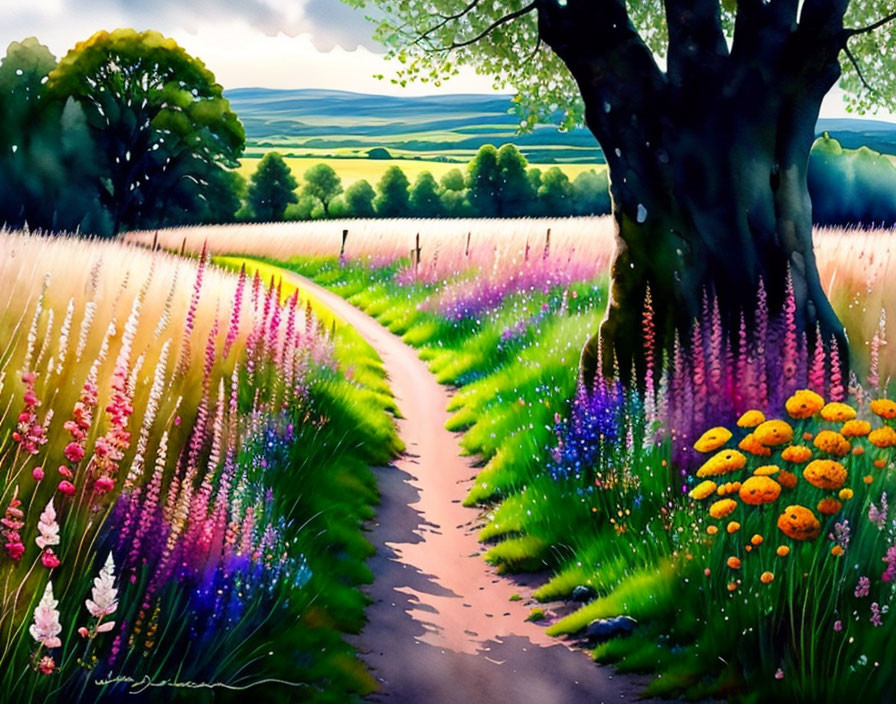 Colorful painting of winding path through flower-filled meadow