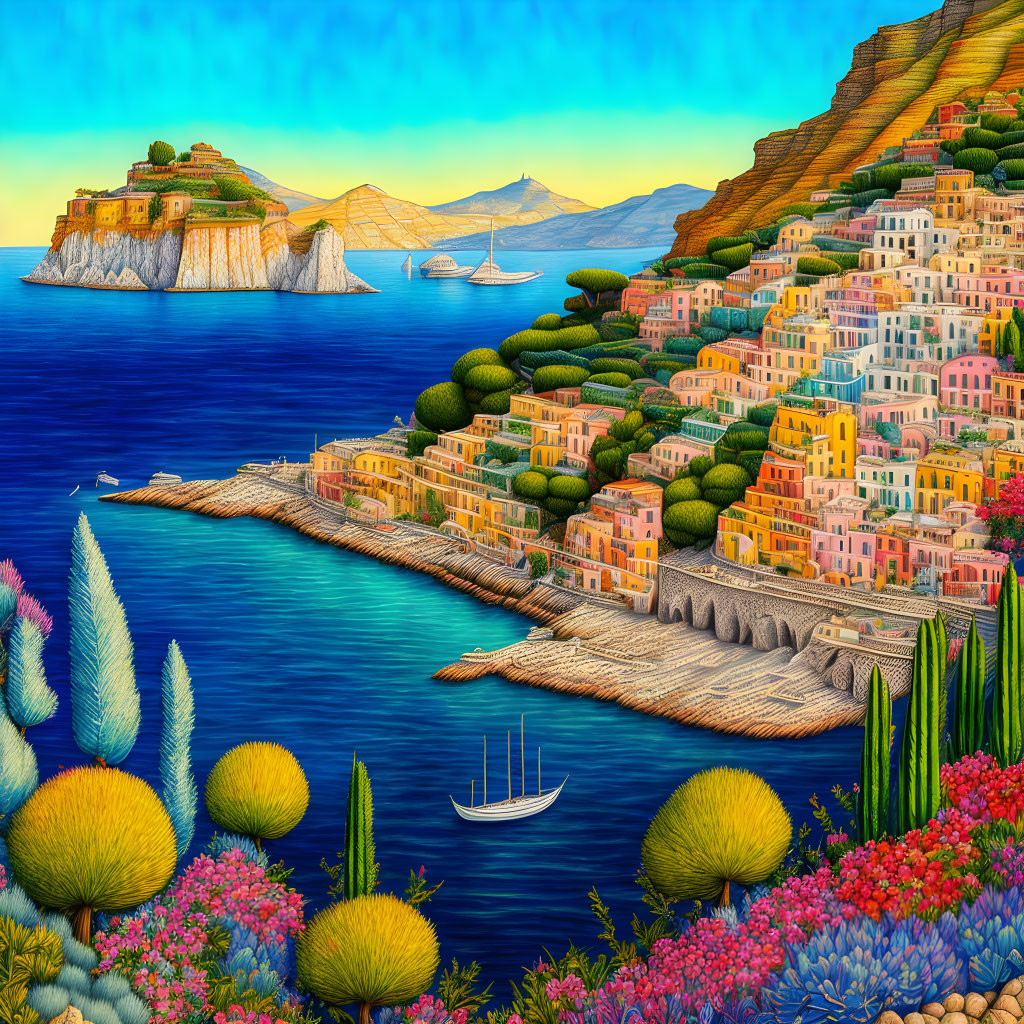 Colorful Coastal Landscape with Terraced Buildings, Blue Sea, Boats, and Island