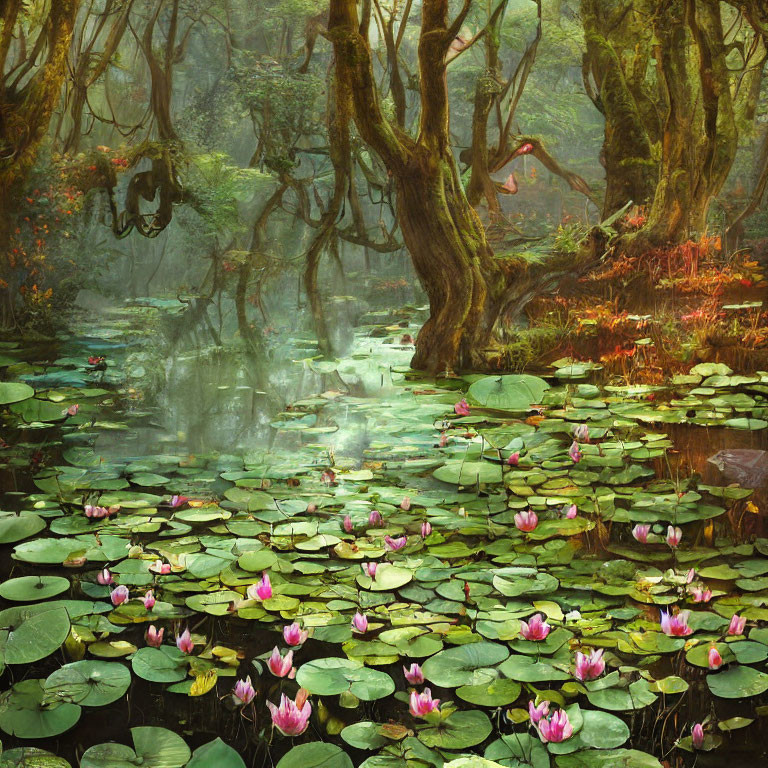 Mystical forest with twisted trees and misty pond with lotus flowers